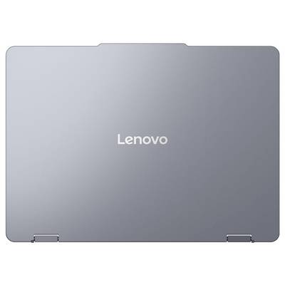 Geschlossener silber-grauer Lenovo-Laptop, von oben betrachtet, mit Lenovo-Logo in der Mitte.
