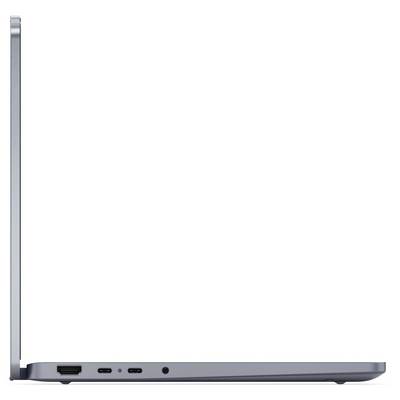 Ein Laptop von der Seite gezeigt, der sein schlankes Design und seine Anschlüsse, einschließlich USB-C und HDMI, hervorhebt.