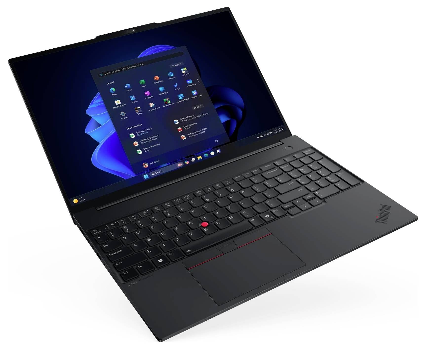 Ein schwarzer Laptop mit sichtbarer Tastatur ist geöffnet und zeigt einen Bildschirm mit dem Windows 11 Startmenü, das App-Symbole vor einem blauen Hintergrund präsentiert.