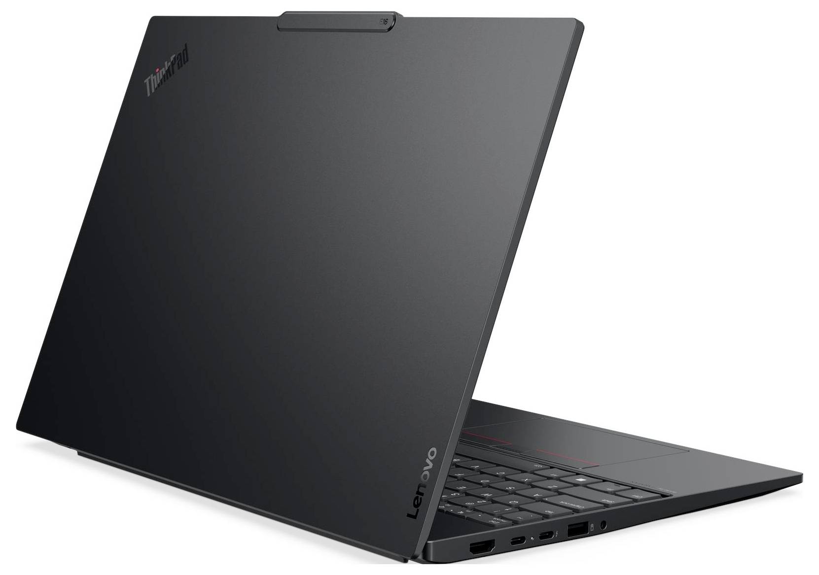 Ein geschlossener schwarzer Laptop mit einem 'ThinkPad' Logo, von einem leichten Winkel aus gesehen, der seinen Rücken und seine linke Seite zeigt.
