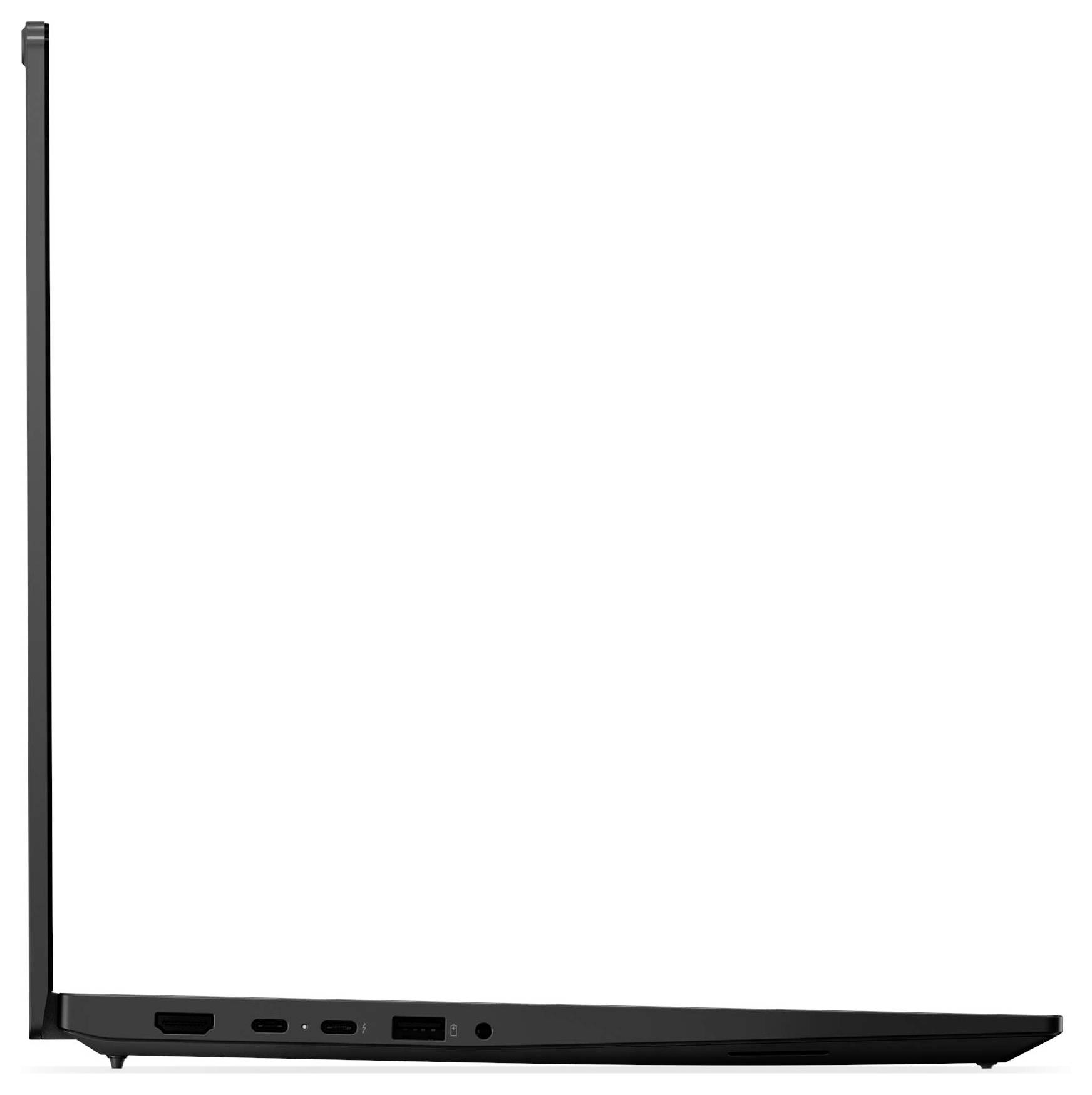Eine Seitenansicht eines dünnen, teilweise geöffneten Laptops, der verschiedene Anschlüsse an der Seite zeigt, darunter USB und HDMI.