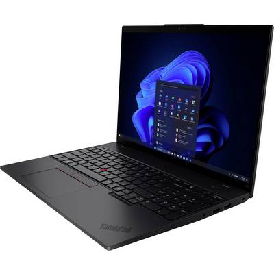 Ein schlankes, teilweise geöffnetes schwarzes Laptop, das den Windows 11 Startbildschirm zeigt, mit einer Rasteranordnung von App-Symbolen vor einem hellen blauen abstrakten Hintergrund.