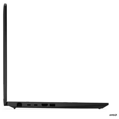 Ein schlanker, halb geöffneter Laptop, von der Seite betrachtet, der sein dünnes Design und die Vielfalt an Anschlüssen wie USB und HDMI präsentiert.