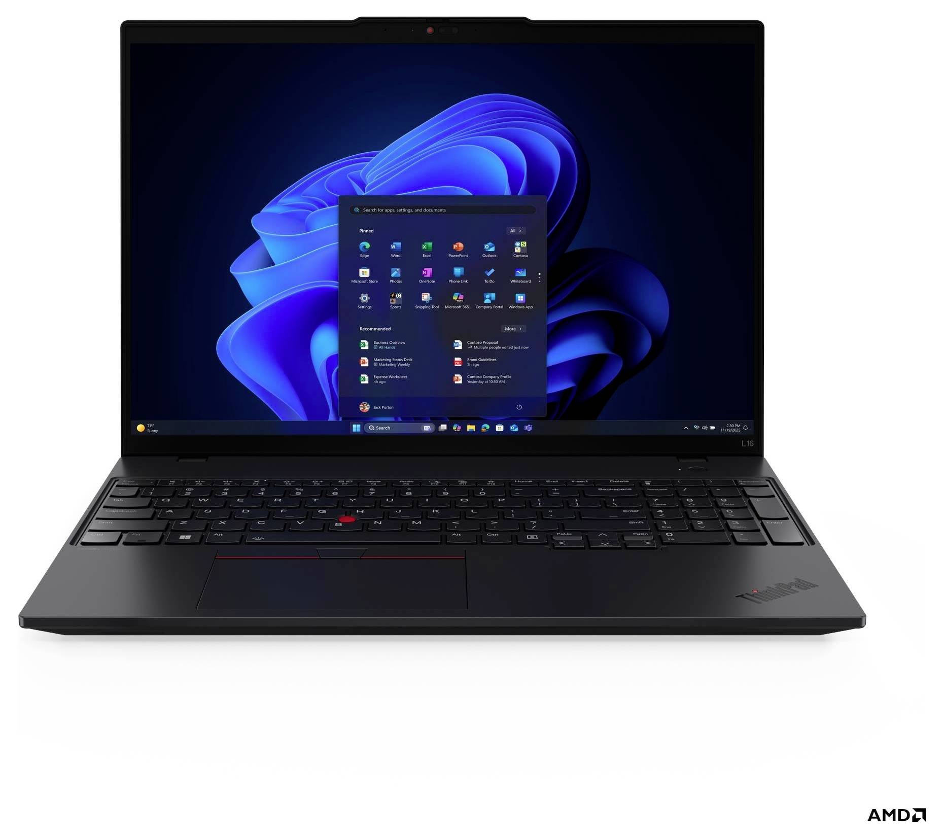 Ein schwarzer Laptop, der das Windows-Startmenü auf dem Bildschirm zeigt und das Windows 11-Betriebssystem präsentiert, mit einem Hintergrund aus abstrakten blauen Formen.