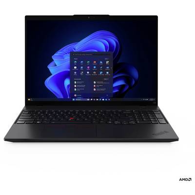Ein schwarzer Laptop, der das Windows-Startmenü auf dem Bildschirm zeigt und das Windows 11-Betriebssystem präsentiert, mit einem Hintergrund aus abstrakten blauen Formen.