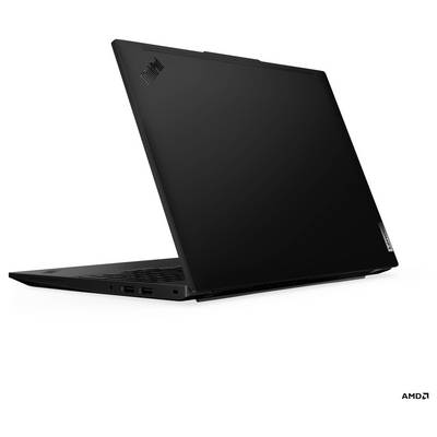 Ein schlanker, schwarzer Laptop mit minimalistischem Design, von hinten und leicht seitlich betrachtet. Logos von ThinkPad und AMD sind sichtbar.