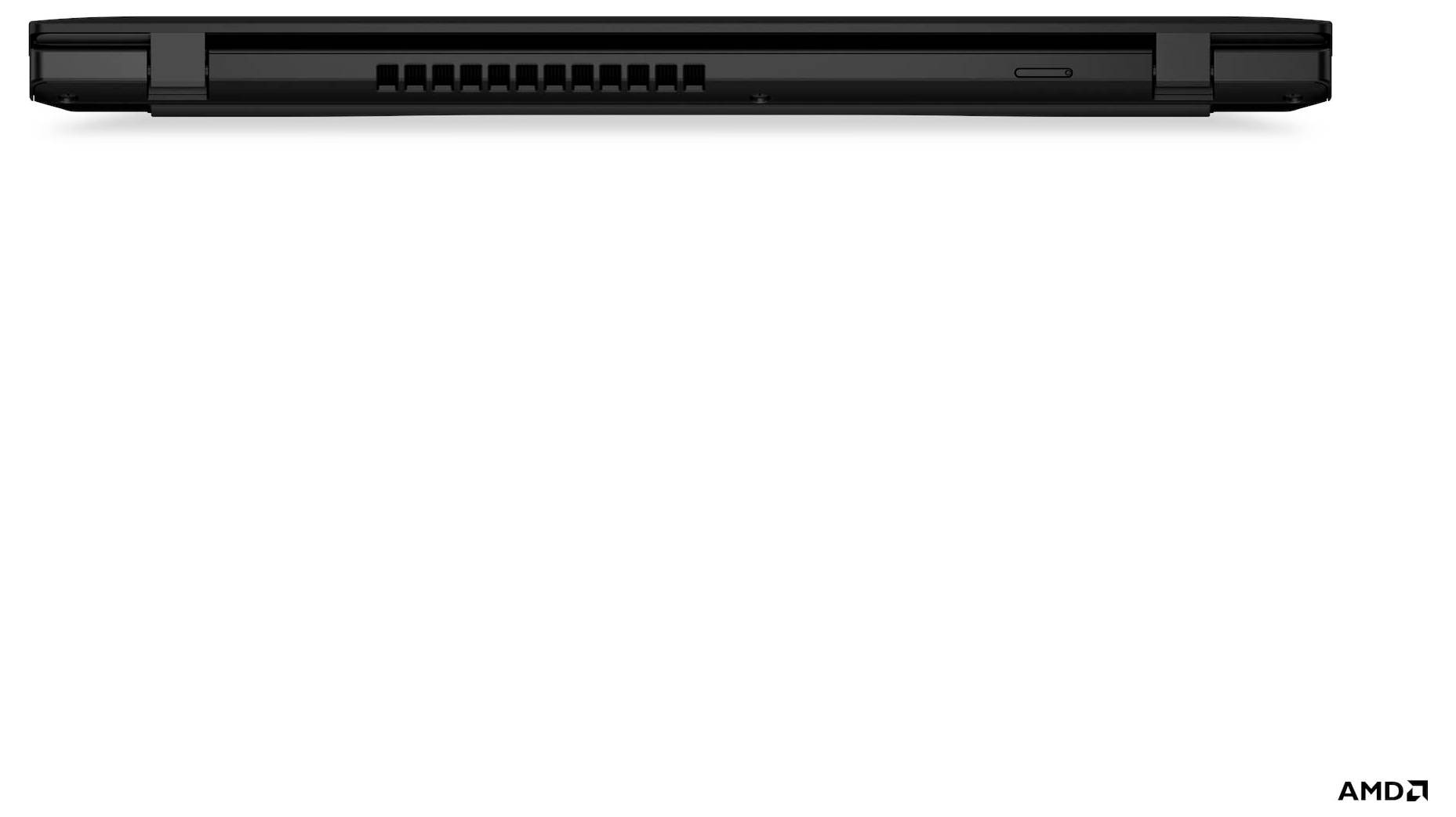 Ein geschlossener schwarzer Laptop, von der Seite betrachtet, mit sichtbaren Lüftungsschlitzen und einem deutlich erkennbaren AMD-Logo.