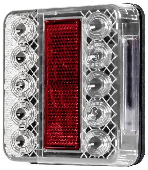 Rechteckige LED-Anhängerleuchte mit einer roten Mitteltafel und sechs runden weißen Leuchten an jeder Seite, entwickelt für Sichtbarkeit und Sicherheit.