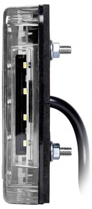 Seitenansicht einer rechteckigen LED-Leuchte, die Befestigungsbolzen und Kabel zeigt und damit ihre Installationsmerkmale veranschaulicht.