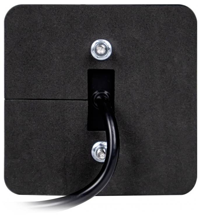 Rückansicht eines schwarzen Geräts mit rechteckiger Form. Ein Kabel ist in der Mitte angeschlossen und durch zwei Schrauben oberhalb und unterhalb befestigt.