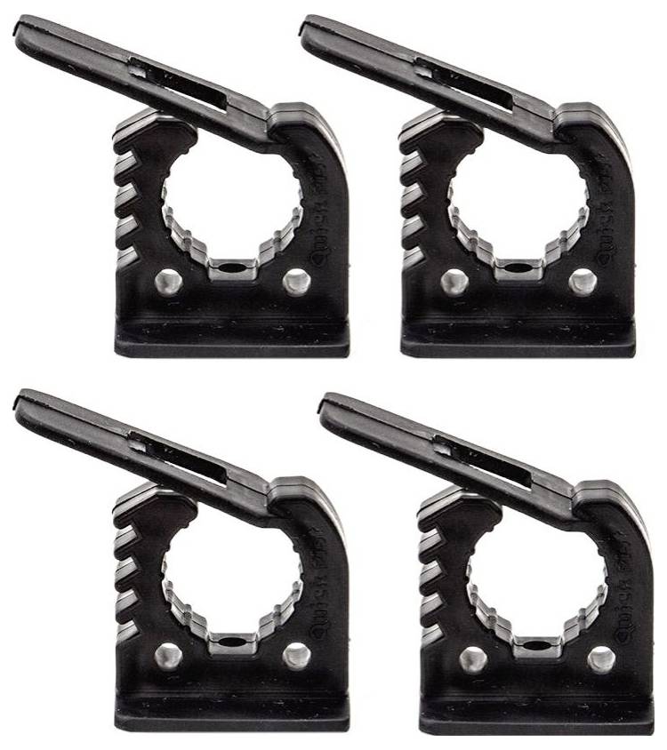 Vier identische schwarze und metallene Schraubzwingen, die in zwei Reihen angeordnet sind. Jede Zwinge verfügt über ein gezacktes Design zum Greifen, mit einem horizontalen Griff oben.