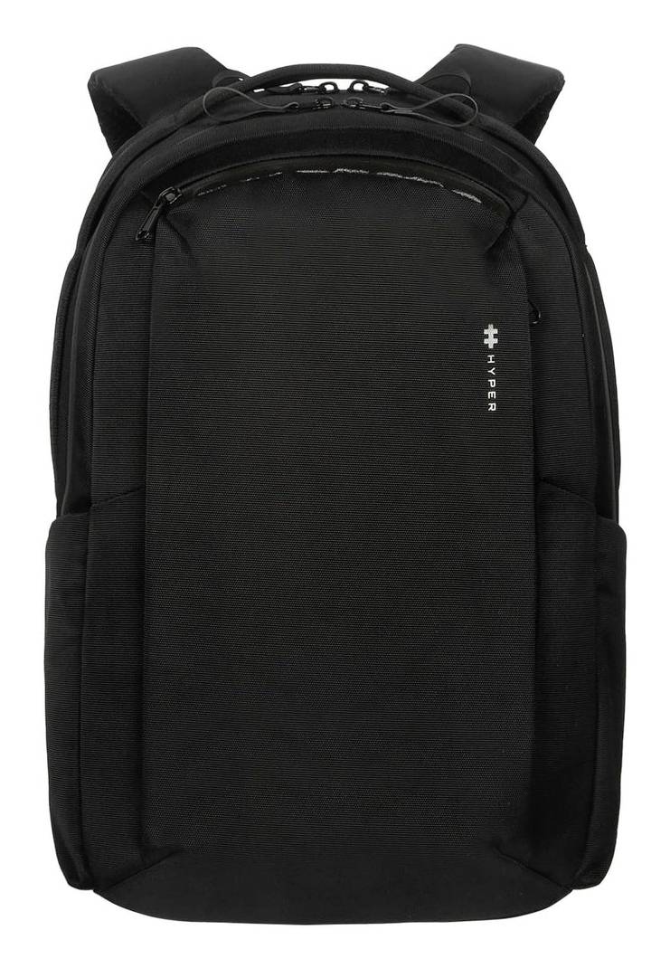 Schwarzer Hyper-Rucksack mit Frontverschlusstasche und gepolsterten Schultergurten, vor einem schlichten weißen Hintergrund dargestellt.
