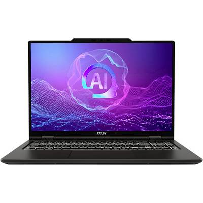 Ein Laptop, der einen Bildschirm mit einem digitalen 'KI'-Logo in der Mitte zeigt, vor einem lebhaften rosa-lila Hintergrund mit abstrakten Wellenmustern.