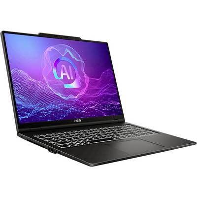 Ein schlankes MSI-Laptop, das ein digitales KI-Logo auf dem Bildschirm zeigt, vor einem lebendigen violetten und blauen Wellenhintergrund, was die Integration von KI-Technologie andeutet.