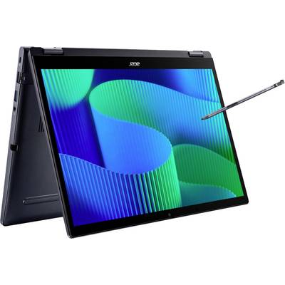 Ein 2-in-1-Laptop in Zeltstellung, der einen Stylus zeigt, der seinen lebendigen Bildschirm mit abstrakten blauen und grünen Formen berührt.