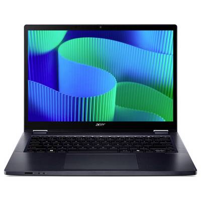 Ein Laptop, der auf seinem Bildschirm ein lebendiges abstraktes Muster aus blauen und grünen Wellen zeigt.