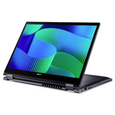 Ein Laptop mit einem lebhaften blauen und grünen Wellenmuster auf dem Bildschirm, in Zeltmodus aufgestellt, geeignet für Präsentationen.