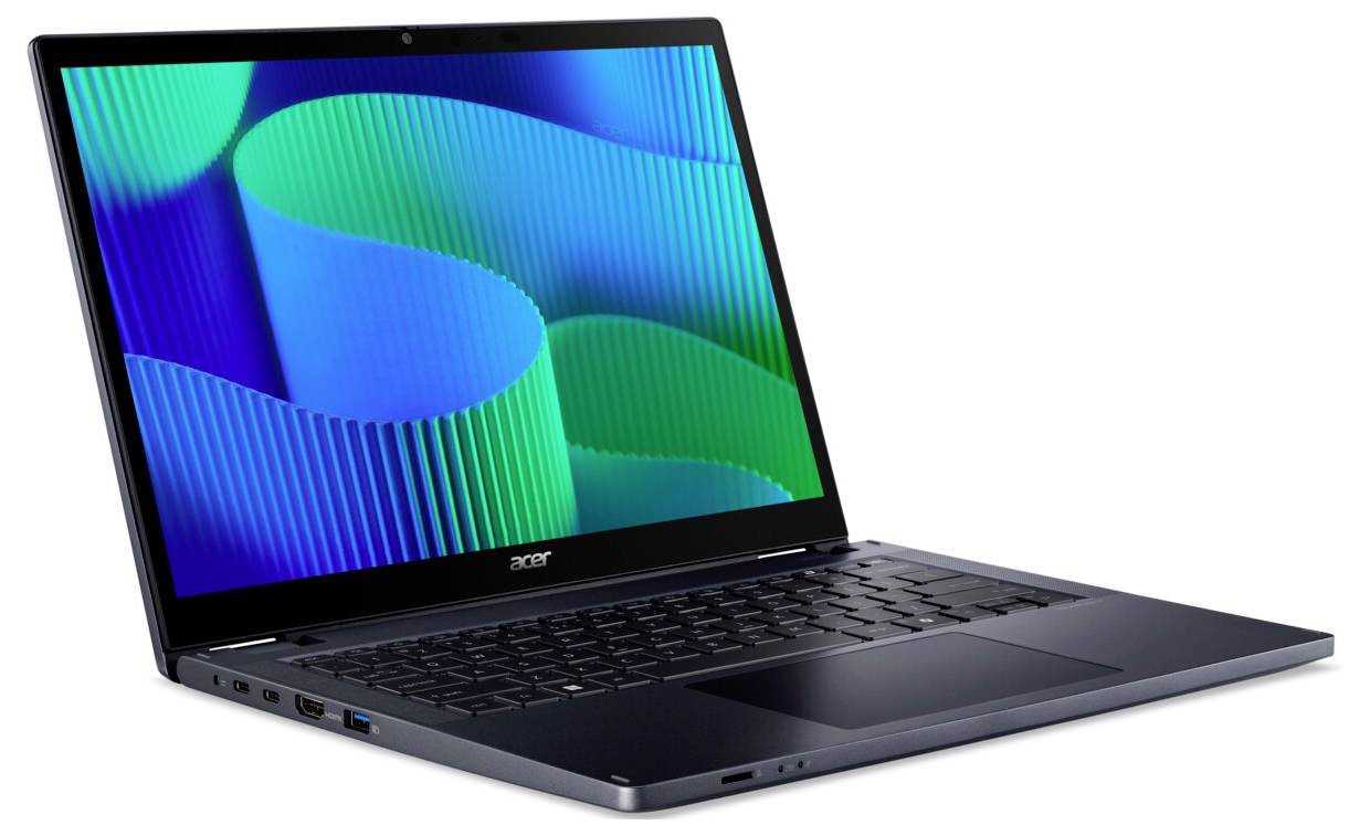 Ein Laptop mit einem farbenfrohen abstrakten Hintergrund auf seinem Bildschirm, der blaue und grüne wellenförmige Muster zeigt. Der Laptop ist leicht geöffnet und nach rechts geneigt.
