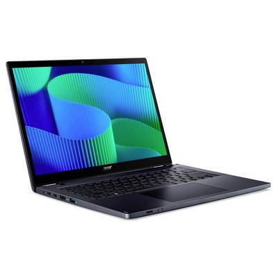 Ein Laptop mit einem farbenfrohen abstrakten Hintergrund auf seinem Bildschirm, der blaue und grüne wellenförmige Muster zeigt. Der Laptop ist leicht geöffnet und nach rechts geneigt.