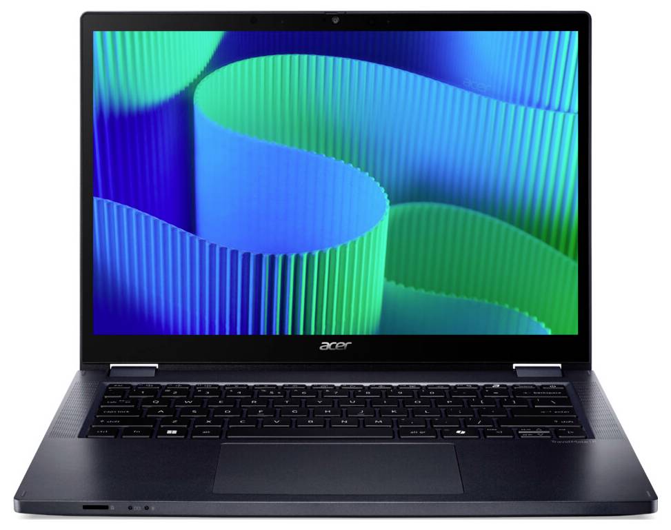 Ein Laptop mit einer schwarzen Tastatur und einem geöffneten Bildschirm, der abstrakte blaue und grüne wellenförmige Muster zeigt.