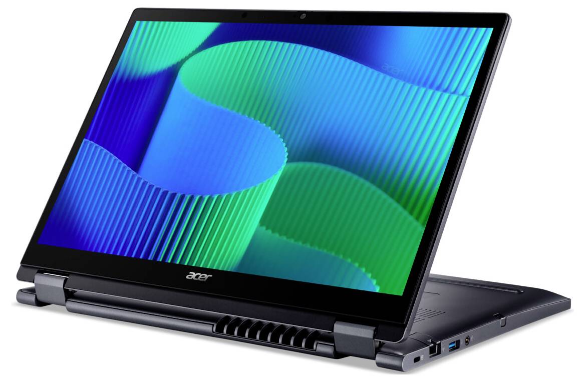 Ein Laptop mit einem lebendigen, abstrakten blau-grünen Muster auf dem Bildschirm, in Zeltmodus präsentiert, mit einem 'Acer' Logo unterhalb des Displays.