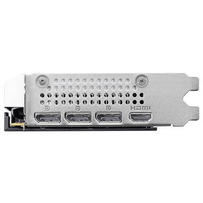 Rückseite einer Grafikkarte mit drei DisplayPort-Anschlüssen, die mit 'DP' gekennzeichnet sind, und einem HDMI-Anschluss.
