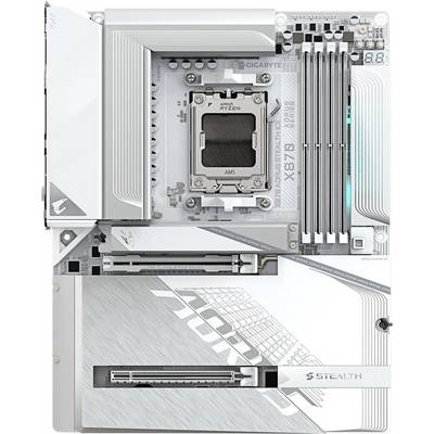 Weiße Mainboard für AMD Ryzen, ausgestattet mit mehreren RAM-Steckplätzen, PCIe-Steckplätzen und Anschlüssen, entwickelt für High-Performance-Computing.
