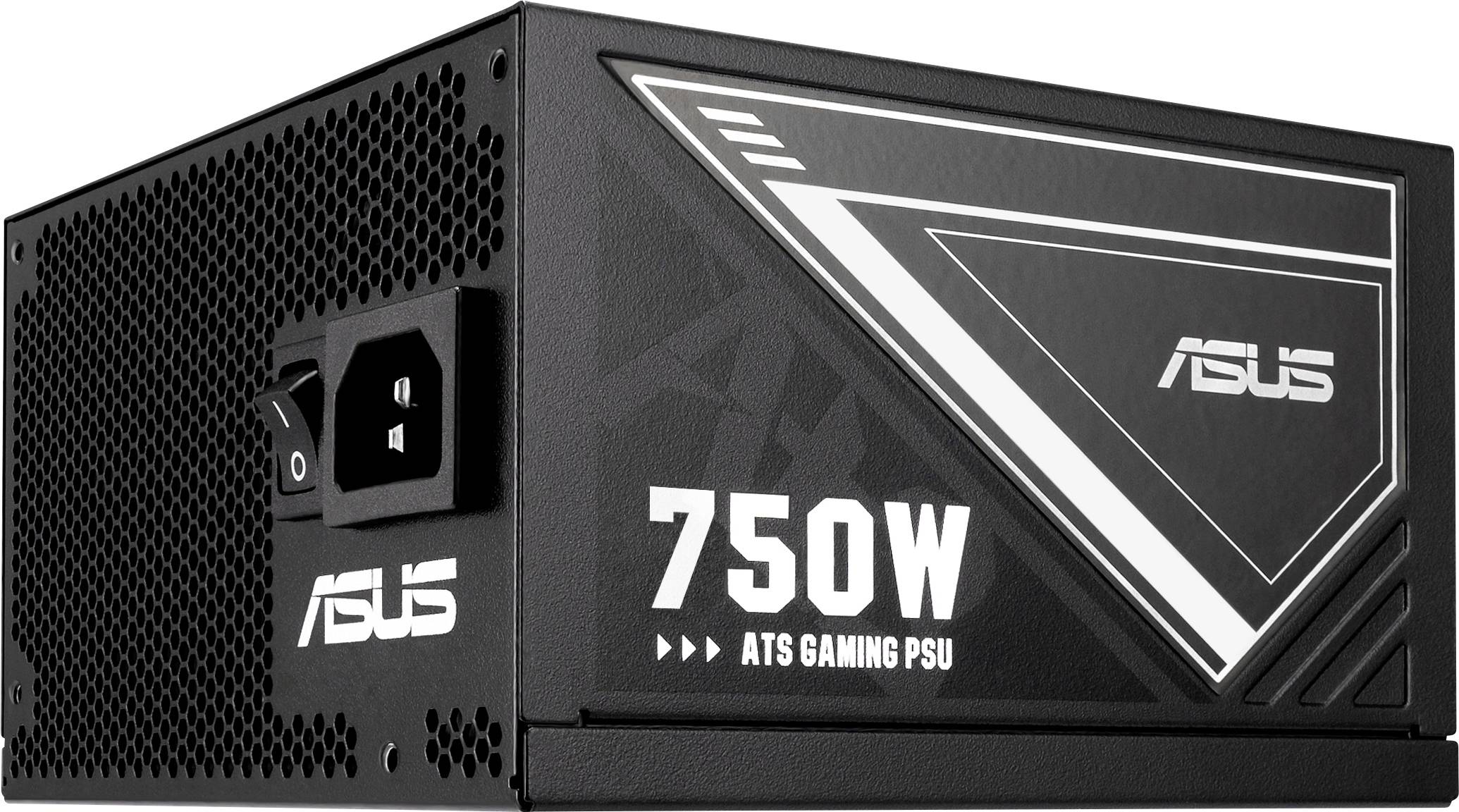 Asus 750W ATS Gaming-Netzteil in einem schwarzen Gehäuse mit weißen Akzenten, ausgestattet mit einem Netzschalter und Lüftung an der Seite.