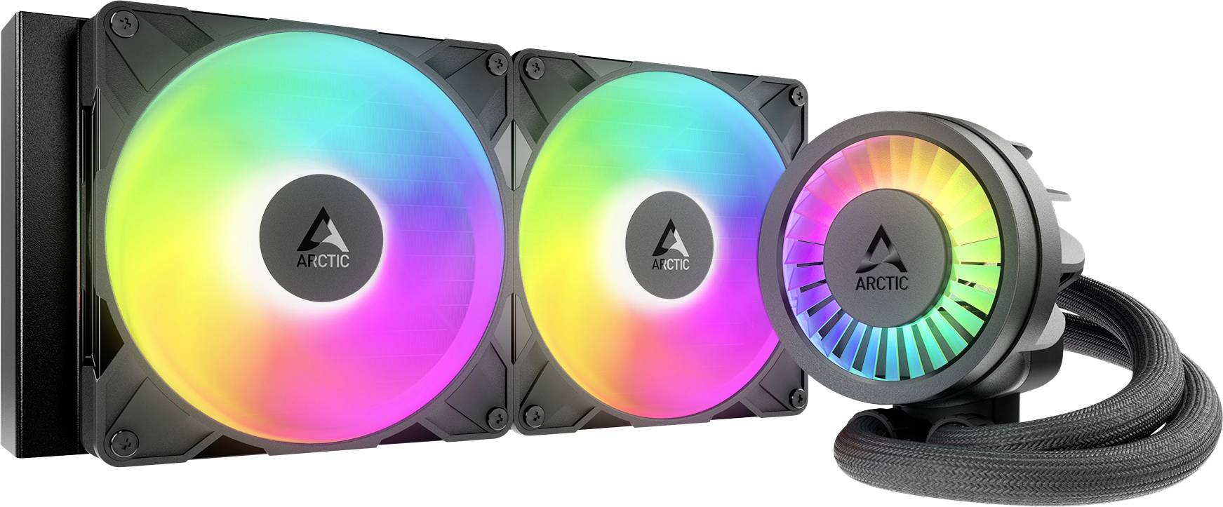 Ein Kühlsystem mit Doppellüfter und Flüssigkeitskühlung mit lebendiger RGB-Beleuchtung, ausgestattet mit dem Arctic-Logo, entwickelt für eine verbesserte Kühleffizienz des PC-Prozessors.