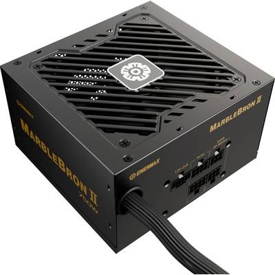 Enermax MarbleBron II Netzteil mit mehreren Anschlussports, beschrifteten Ausgängen und Logo auf der oberen Lüftergitter.
