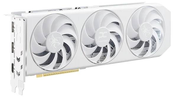 Eine weiße Grafikkarte mit drei Kühlventilatoren und mehreren Displayanschlüssen, entwickelt für High-Performance-Computing oder Gaming.