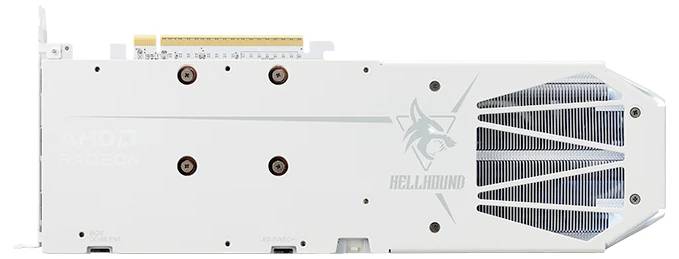 Weiße Grafikkarte mit einem Logo eines stilisierten Tierhauptes und dem Schriftzug 'HELLHOUND', ausgestattet mit sichtbaren Kühlungsöffnungen und einem PCIe-Anschluss.