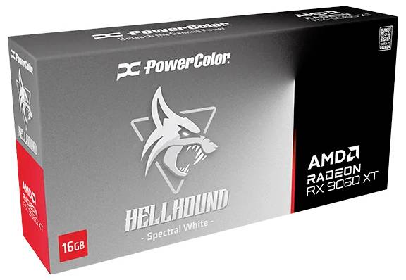 PowerColor Hellhound Spectral White AMD Radeon RX 6950 XT Grafikkarte mit Verpackung, Logo und 16-GB-Beschriftung.