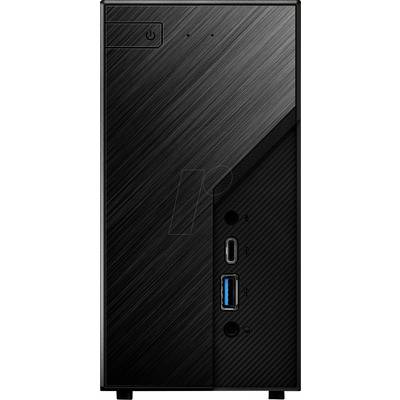Ein kompakter schwarzer Computertower mit einem Einschaltknopf, USB-C-Anschluss, USB-A-Anschluss und Audioeingang an der Frontseite. Die Oberfläche weist eine diagonale gebürstete Textur auf.