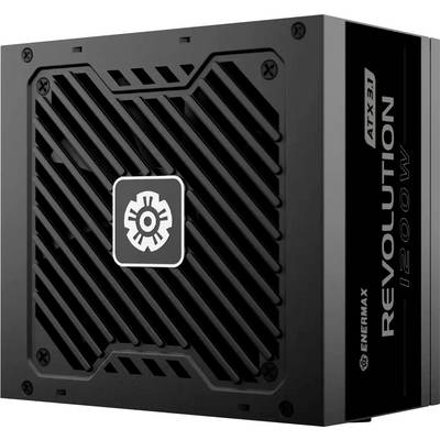 Eine schwarze Enermax ATX 3.1 Netzteileinheit mit der Bezeichnung "Revolution i2000W" und einem Logo an der Seite, die eine belüftete Frontblende aufweist.