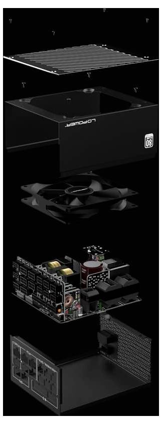 Explosionsdarstellung eines Netzteils mit Komponenten: Gehäuse, Lüfter, Leiterplatte, Anschlüsse und Gitter, die die Montage veranschaulichen.