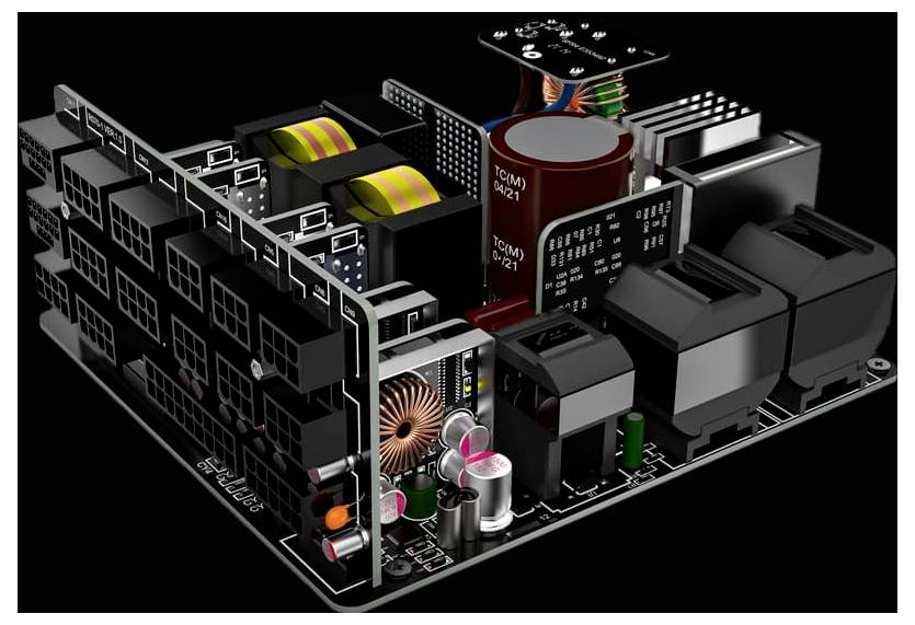 3D-Rendering der Innenkomponenten eines Netzteils, einschließlich Spulen, Kondensatoren und Kühlkörpern, angeordnet auf einer Leiterplatte.