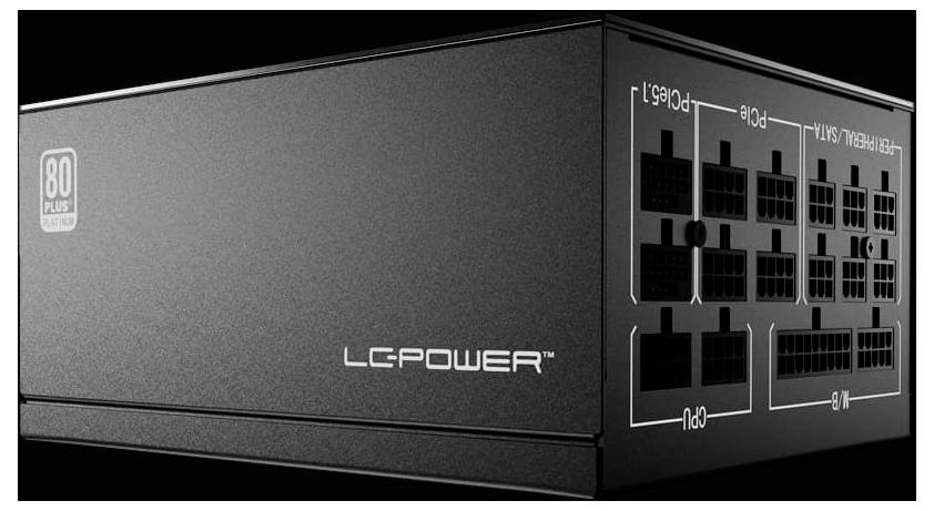 Ein schwarzes LC-Power Netzteil mit '80 Plus Gold' Zertifizierungsetikett, ausgestattet mit mehreren Anschlussports an einer Seite.