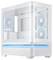 Ein schlankes weißes Computergehäuse mit transparenten Scheiben, das ein Innenleben mit blau beleuchteten Lüftern und Einschüben für Komponenten offenbart.