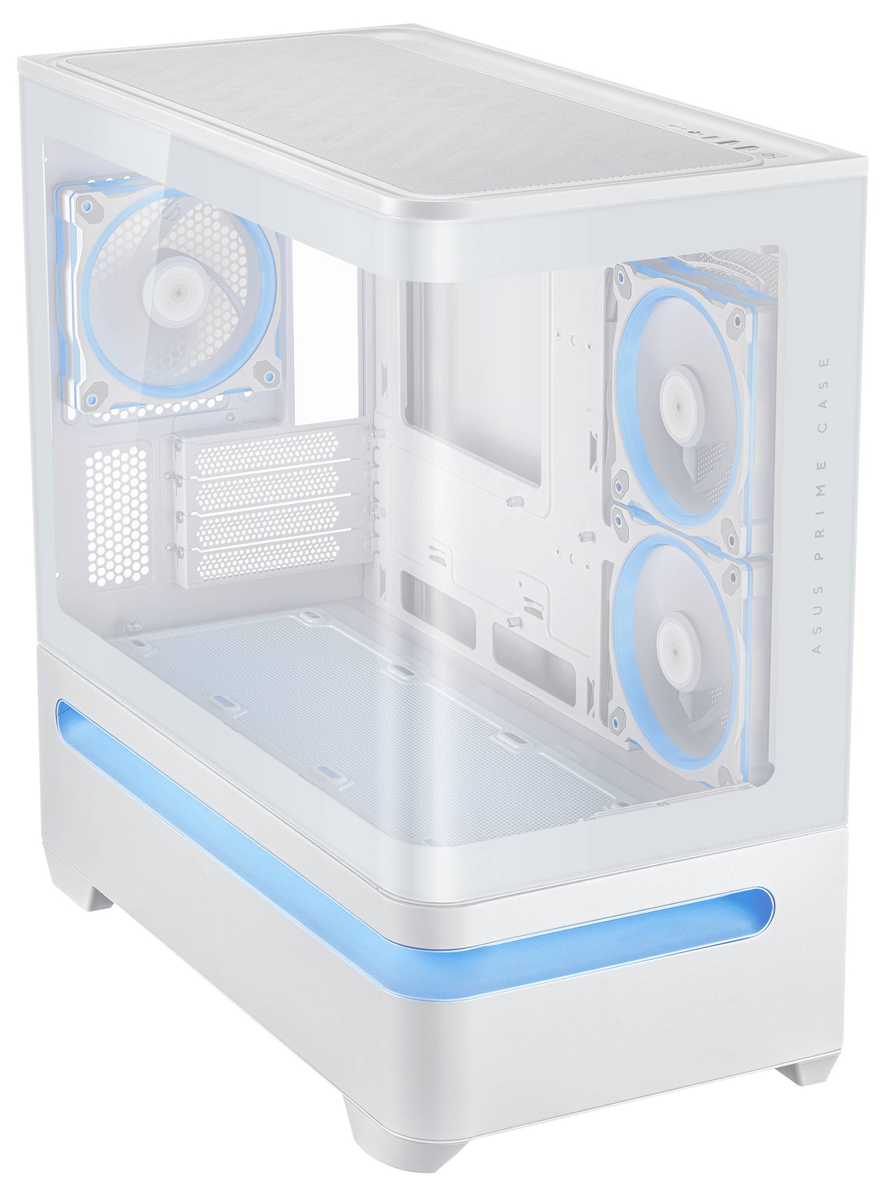 Ein modernes, weißes und blaues Computergehäuse mit transparenten Seiten, das drei Lüfterschlitze und ein fortschrittliches Kühldesign zeigt, beschriftet mit 'Aruz Prime Gehäuse.'