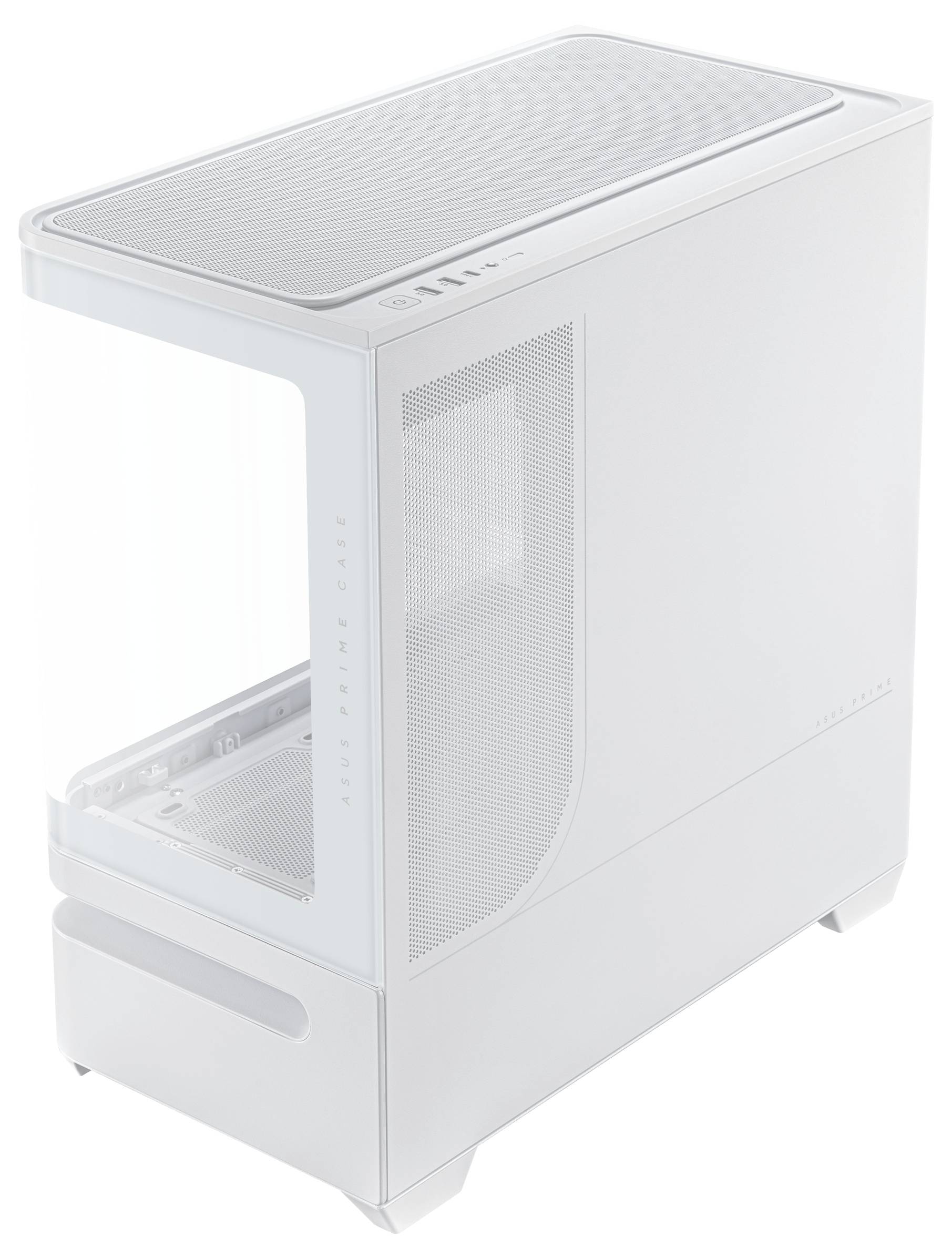 Ein weißer Computertower mit einer großen transparenten Seitenscheibe und Lüftungsgitter. Die Vorderseite verfügt über ein dezentes Markenlogo und USB-Anschlüsse an der Oberseite.