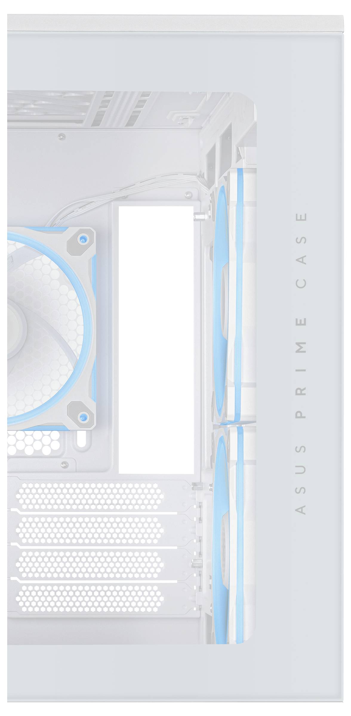 Ein weißes Computergehäuse mit zwei internen Lüftern mit blauen LED-Leuchten, auf der Seite mit 'Asus Prime Case' beschriftet.