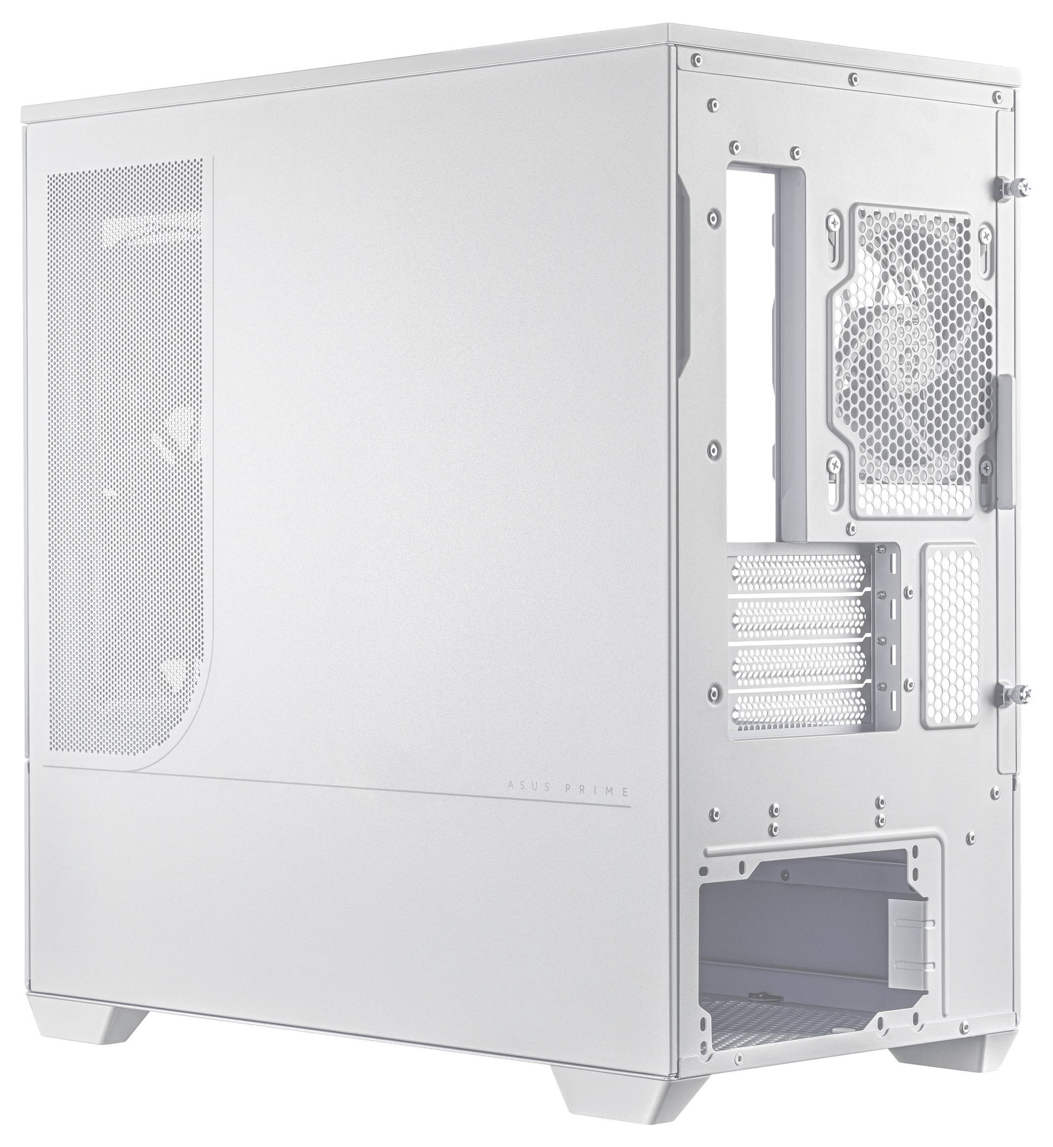 Ein weißes Computergehäuse mit Meshpaneelen und offenen Fächern für Komponenten.