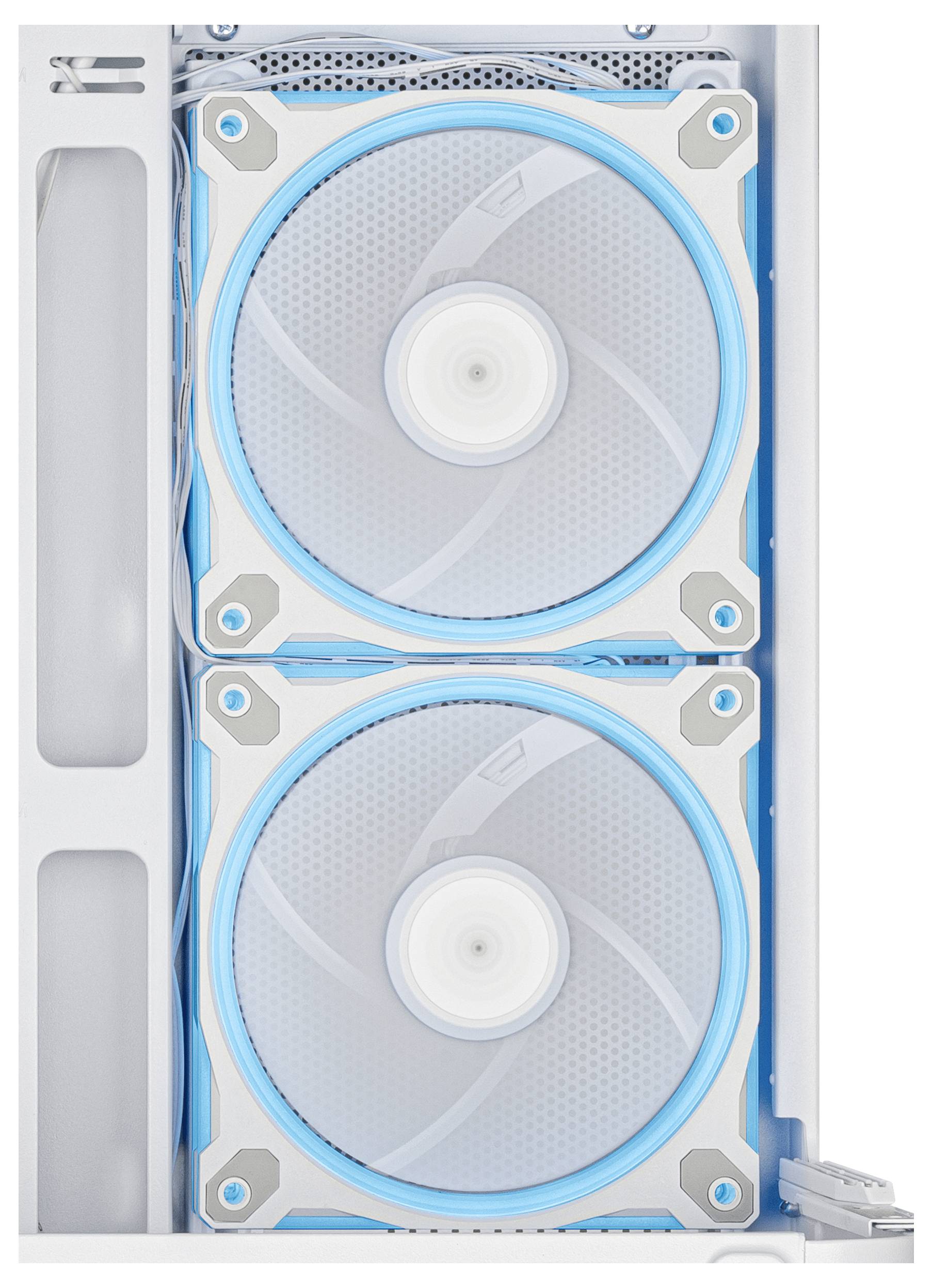 Ein Computergehäuse mit zwei großen blauen LED-Kühlventilatoren, die vertikal ausgerichtet sind und die Luftzirkulation und Kühlleistung betonen.