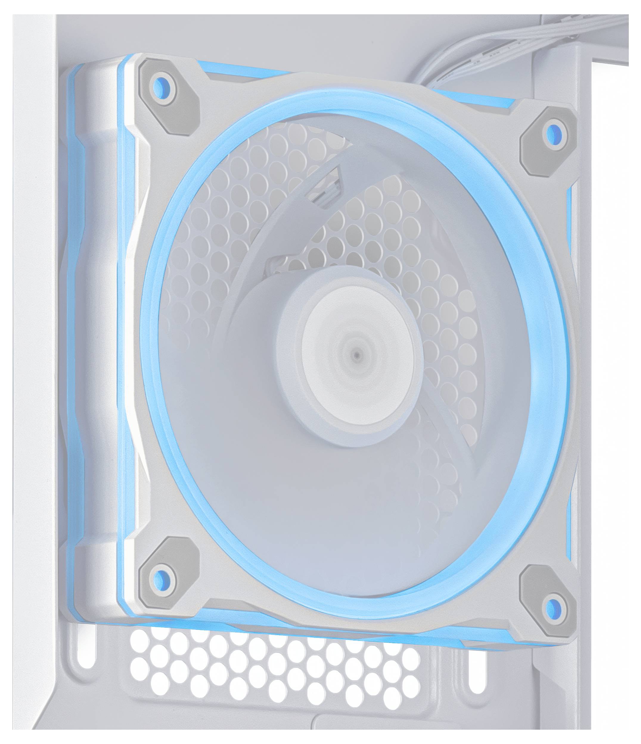 Ein Computerlüfter mit blauer LED-Beleuchtung, der im Inneren eines Computergehäuses installiert ist und ein modernes und stilvolles Design präsentiert.
