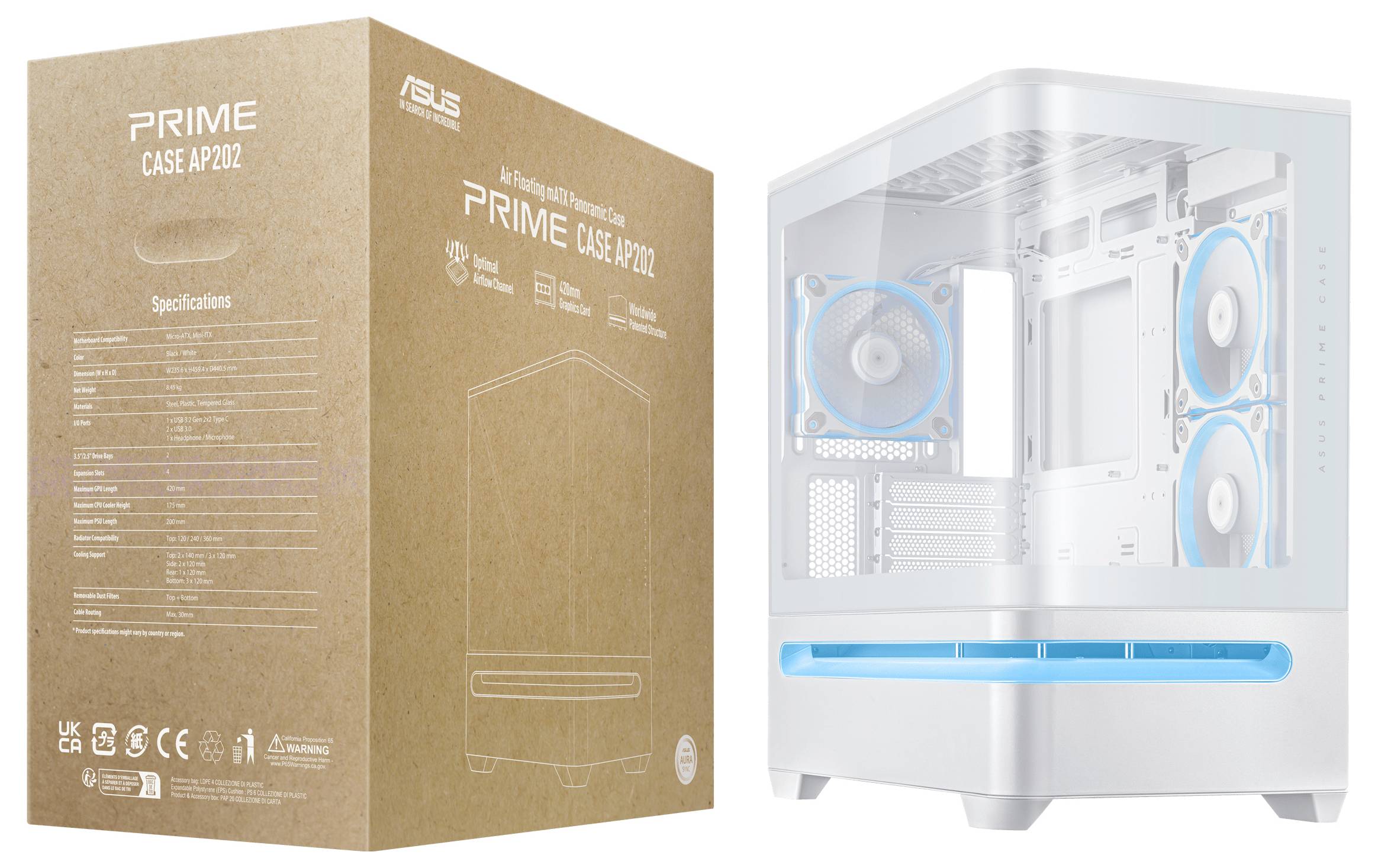 Bild eines ASUS Prime AP201 Computergehäuses in Weiß mit blauen Akzenten, mit durchsichtiger Seitenscheibe und Verpackungskarton auf der linken Seite.