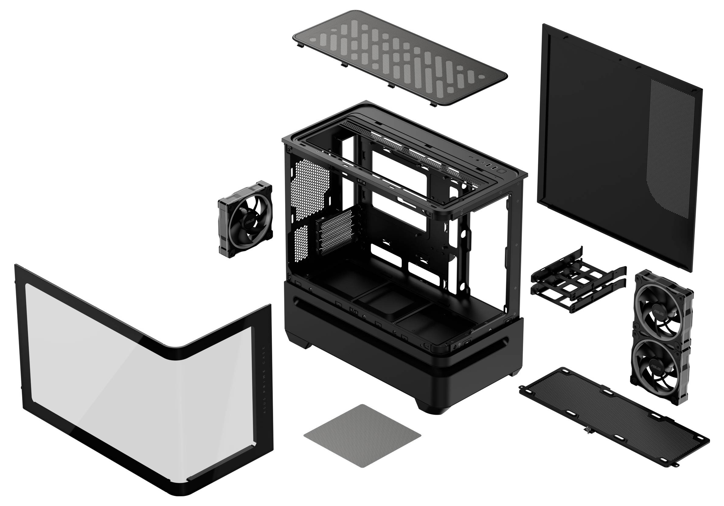 Explosionszeichnung eines Computergehäuses mit verschiedenen Komponenten wie Lüftern, Platten und einem Rahmen, die den Montageprozess veranschaulicht.