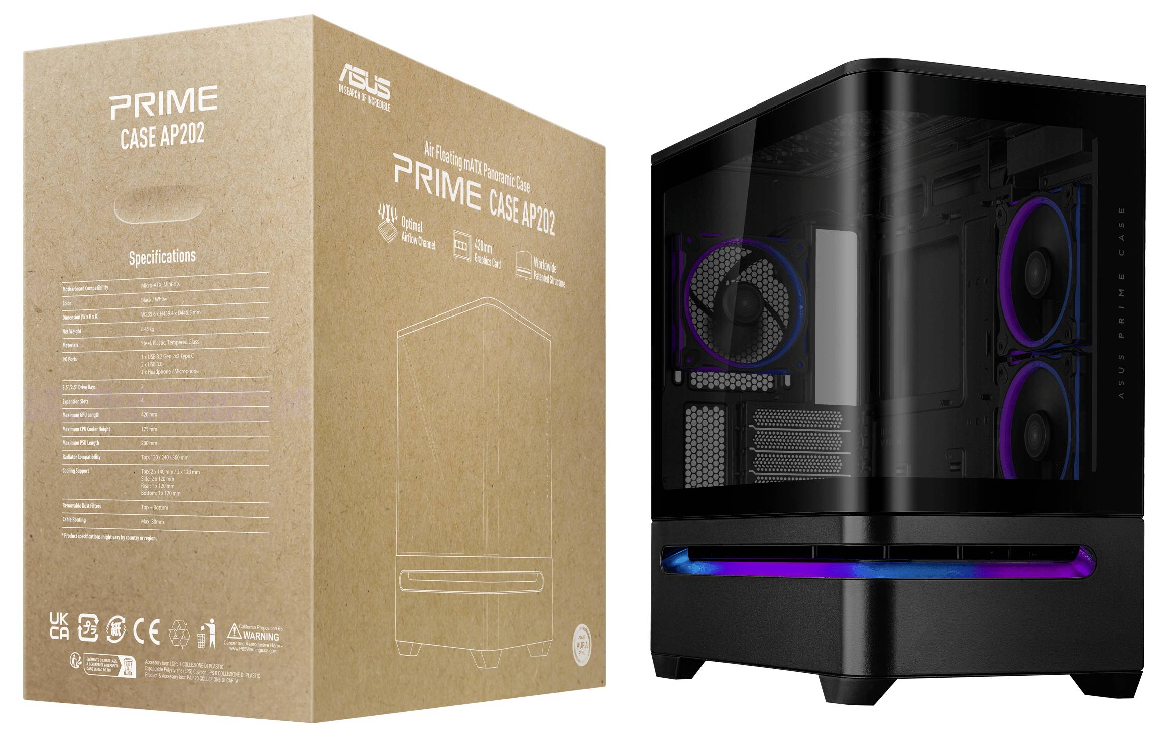 Ein Computergehäuse mit Frontscheibe und Seitenscheibe aus gehärtetem Glas, das RGB-Beleuchtung präsentiert. Daneben die Verpackung mit der Aufschrift „PRIME CASE AP201".