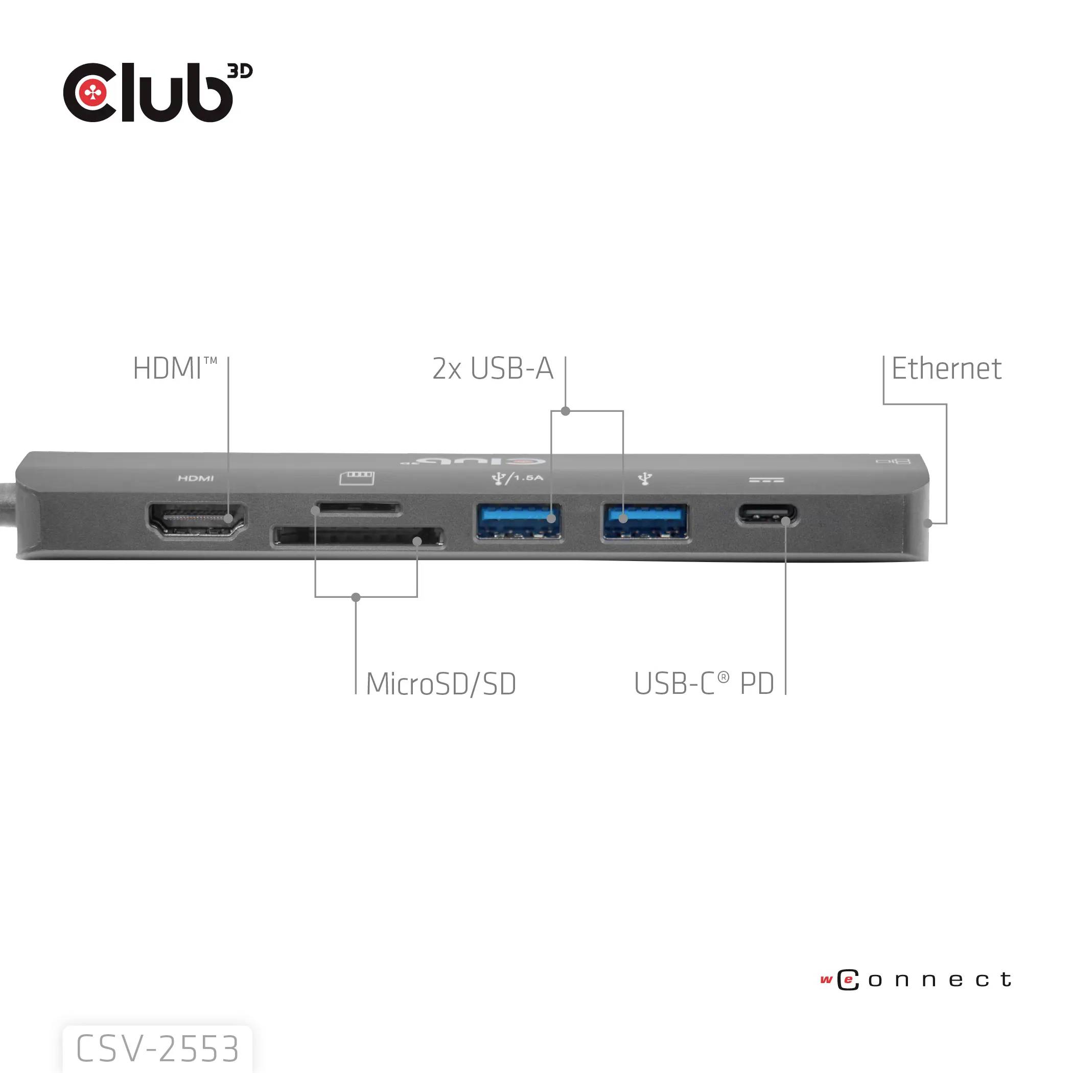 Ein Multi-Port-Adapter mit HDMI, MicroSD/SD, 2 USB-A, USB-C PD und Ethernet-Anschlüssen. Modell: CSV-2553, von Club 3D.