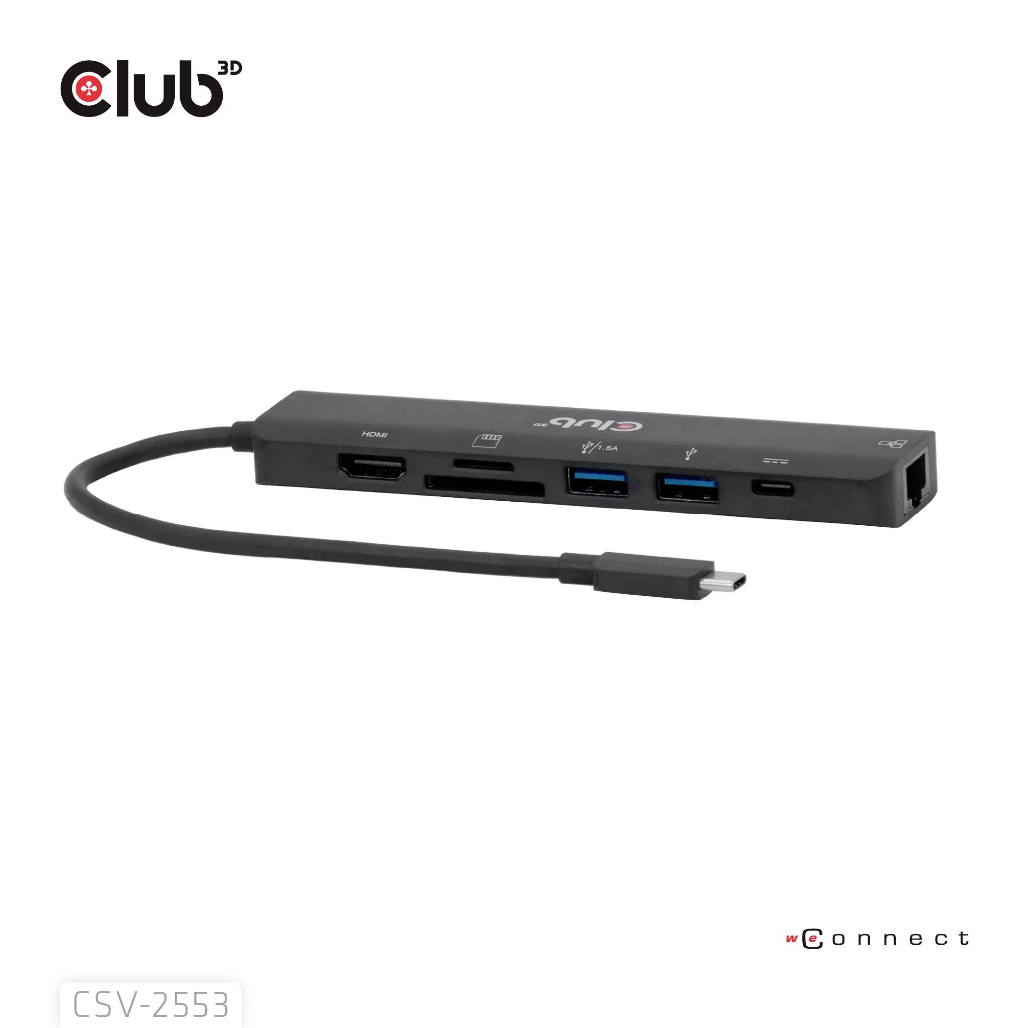 'Club 3D USB-C Multiport Adapter CSV-2553' mit HDMI-, Ethernet-, USB-C-, USB-A- und Kartenleser-Anschlüssen, mit angeschlossenem Kabel dargestellt.